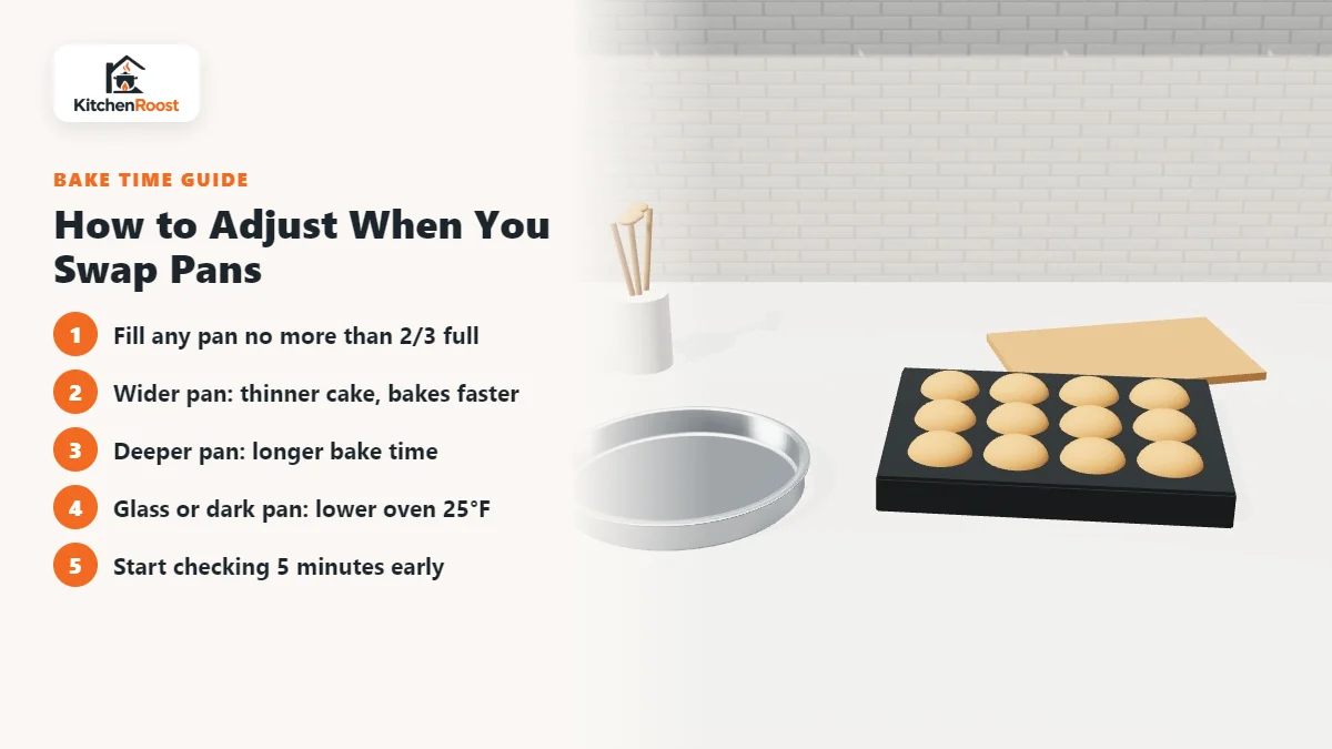 Muffin tin with baked cupcakes next to a round cake pan on a kitchen counter