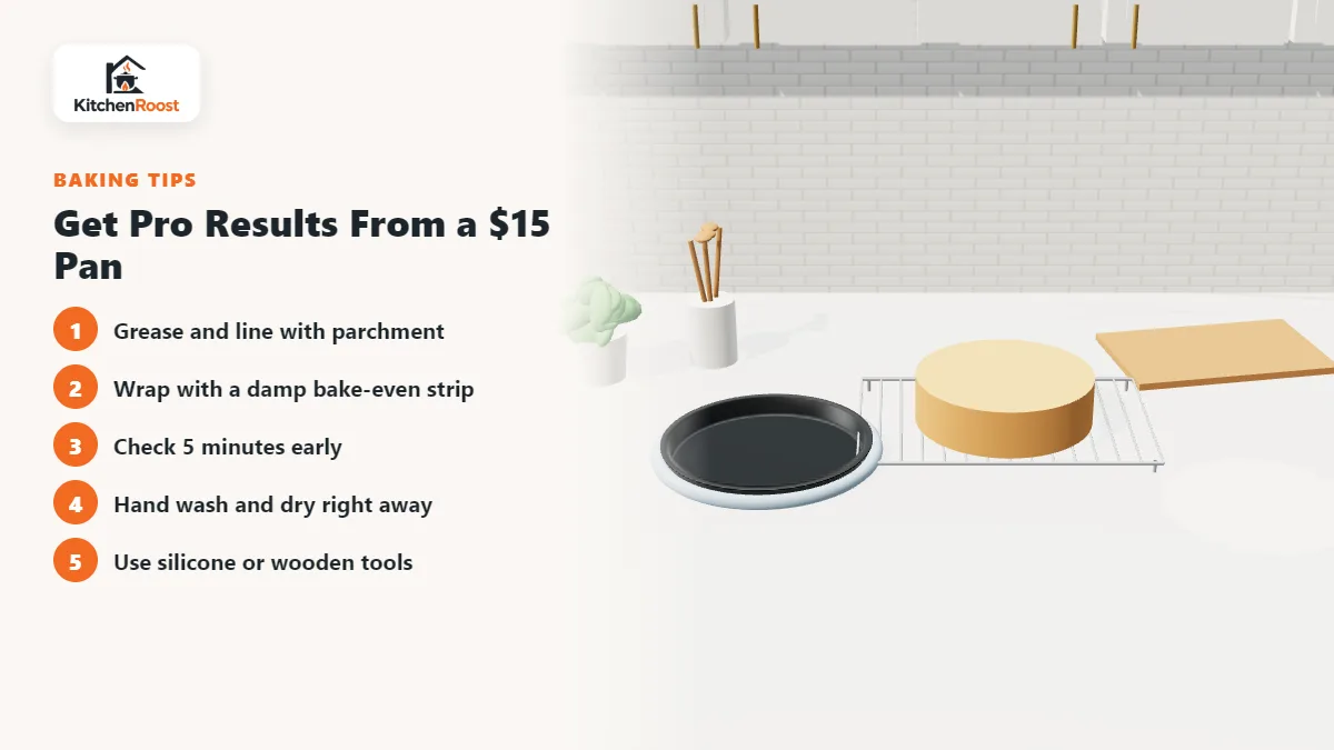 Round cake pan with a bake-even strip and a cake layer on a cooling rack