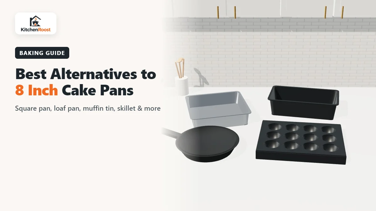 Square pan, loaf pan, muffin tin and cast iron skillet as alternatives to an 8 inch cake pan