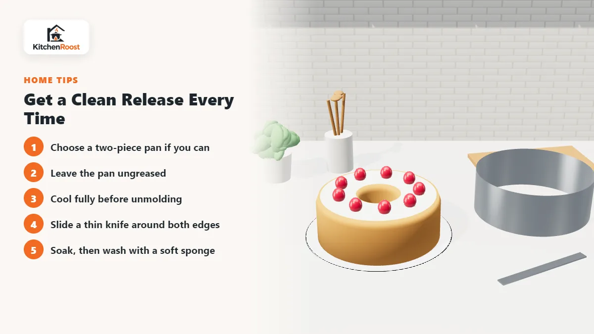 Angel food cake released from a two-piece tube pan