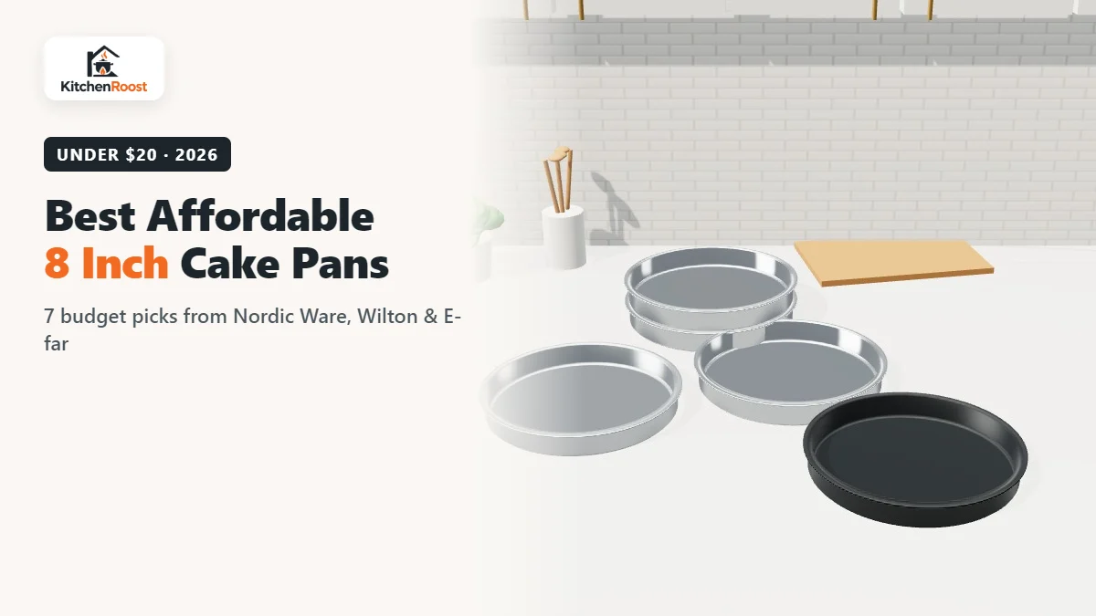 Affordable 8 inch cake pans in aluminum, stainless steel and nonstick on a kitchen counter
