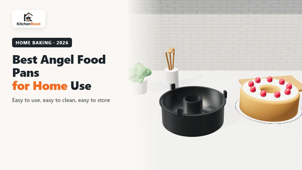 Angel food cake pan for home use next to a finished cake