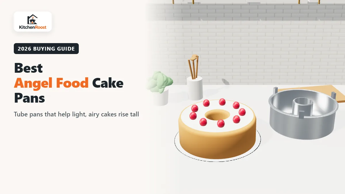 Best angel food cake pans with a finished angel food cake in an American kitchen
