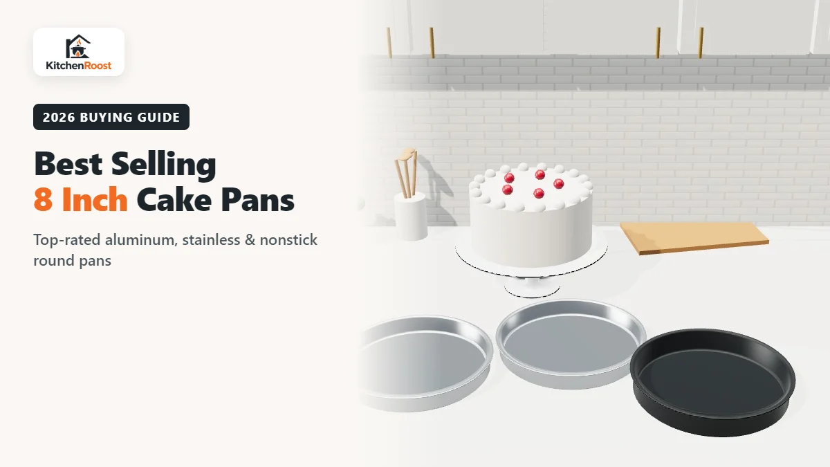 Best selling 8 inch cake pans on a marble kitchen counter with a frosted layer cake