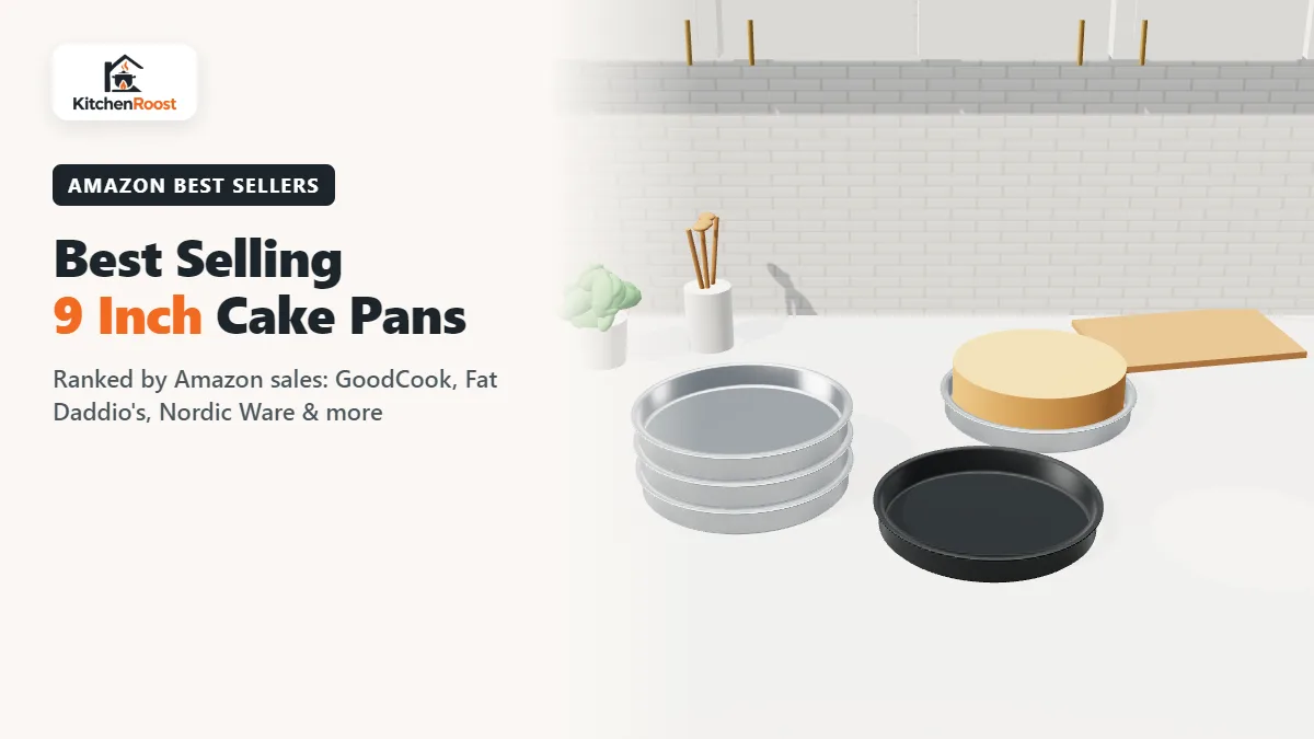Best selling 9 inch cake pans stacked on a kitchen counter