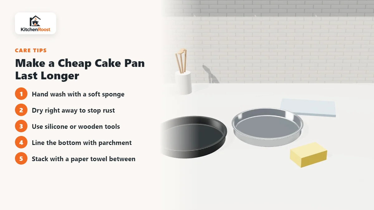 Nonstick and stainless steel cake pans with a sponge and dish towel on a kitchen counter