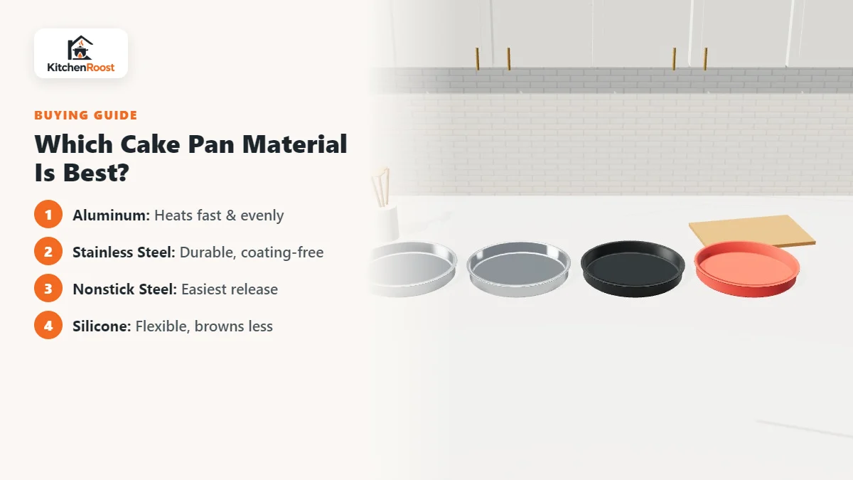 Aluminum, stainless steel, nonstick and silicone 8 inch cake pans on a kitchen counter