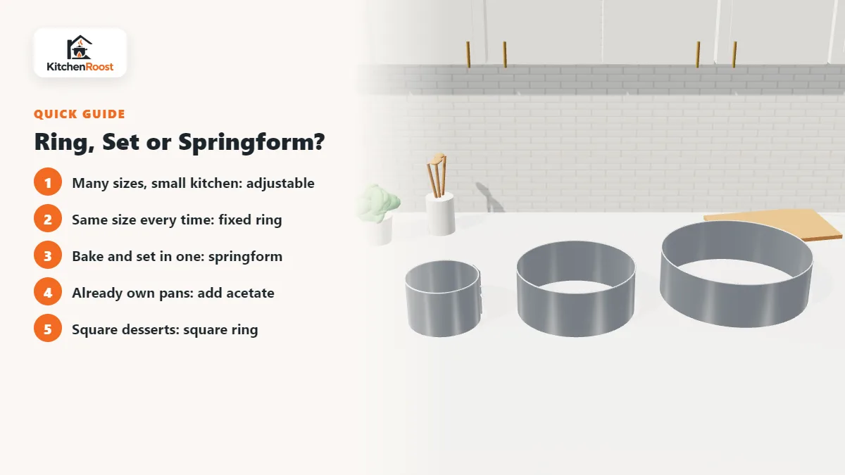 Choosing between an adjustable cake ring, fixed rings and a springform pan