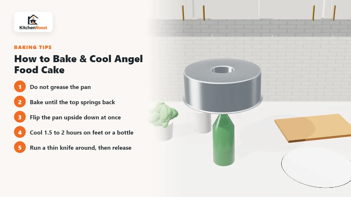 Angel food cake pan cooling upside down on a bottle