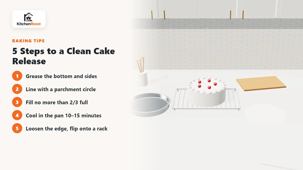 Layer cake cooling on a wire rack next to an 8 inch aluminum cake pan